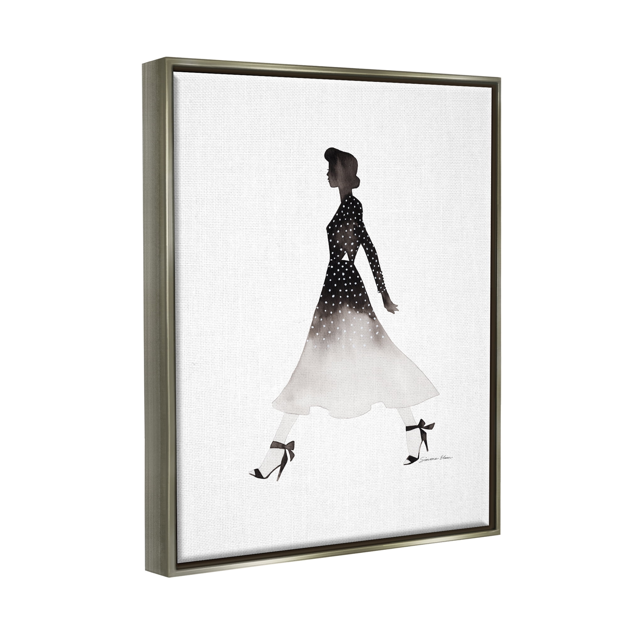 Stupell Industries Girl in Black Dress Beauty & Fashion Painting Gray Floater Framed Art Print Wall Art, 25 x 31