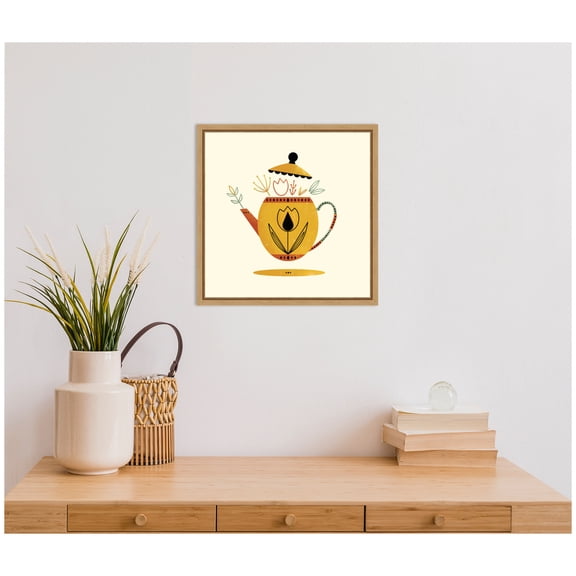 Kate and Laurel Yellow Kettle Framed Canvas Wall Art by Amber Leaders 16 x 16 Sylvie Natural, Traditional, Still Life, Flowers Art for Wall Decor, Living Room, Bedroom