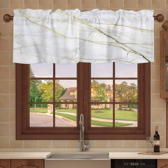 Kitchen Valances for Window, White Gray Marble Gold Foil Light Filtering Rod Pocket Valance Curtain, Minimalist Style Short Curtains Window Topper for Bedroom Bathroom Living Room 54x18in
