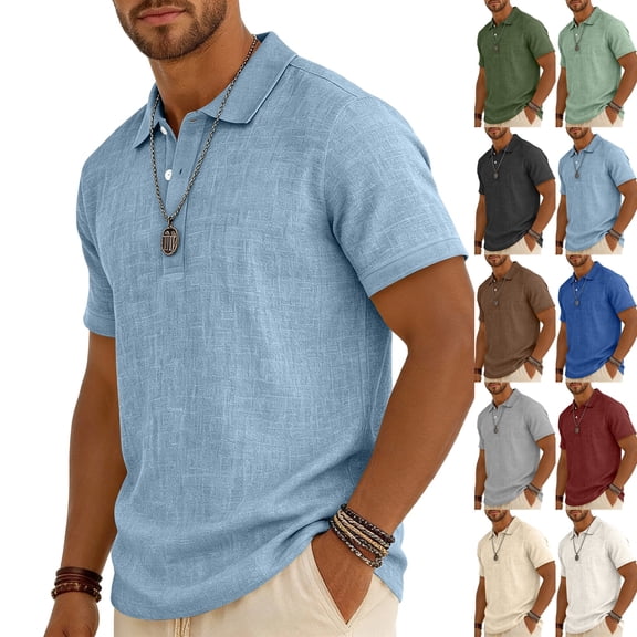 Men's Cotton Linen Polo Shirts 2026 Short Sleeve Casual Summer Shirt Slim Fit Breathable Textured Beach Top Light Blue XL
