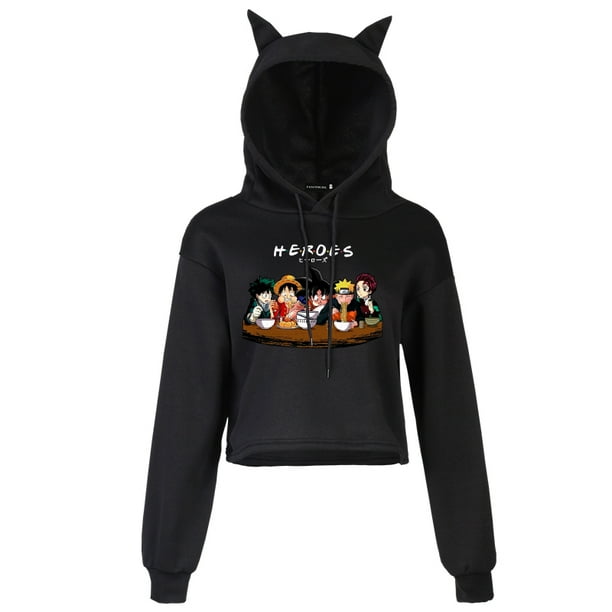 akoada 2020 new my hero academia anime hoodies funny printed hoodies women  casual long sleeve cute cat ear cropped hoodie hooded sweatshirt pullover