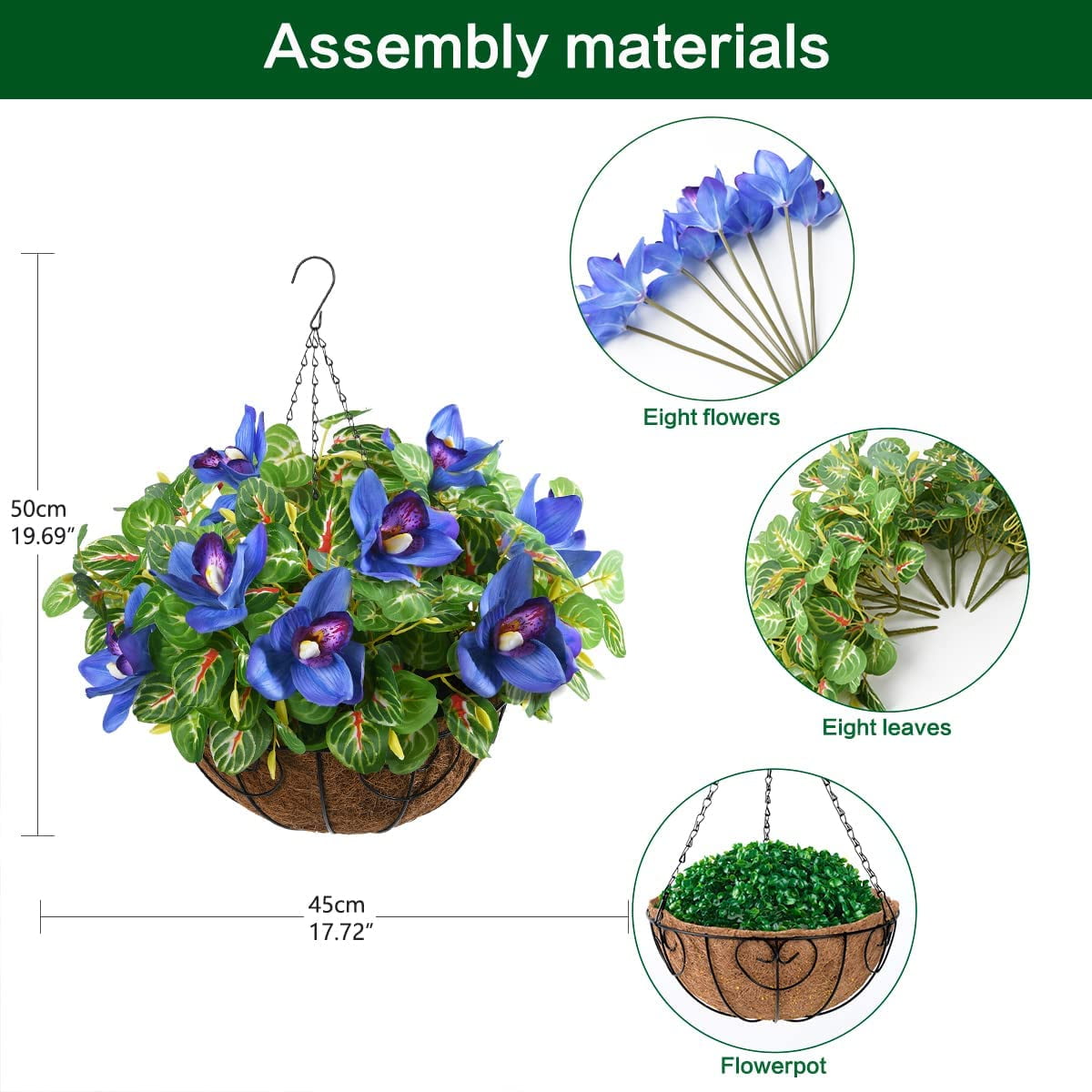 Artificial Hanging Flowers,Fake Orchid Flowers Branches Real Touch for Outdoor Indoor,Artificial Plants in Coconut Lining Hanging Baskets for Patio Garden Decor(Blue)