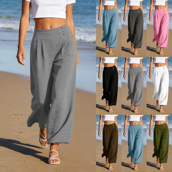 Women's Soft Satin Elastic Waist Straight Leg Pants, Pull On Solid Flowy Trousers, Everyday Comfort Dressy for Work Office Casual Women's Soft Fabric Mid Waist Straight Leg