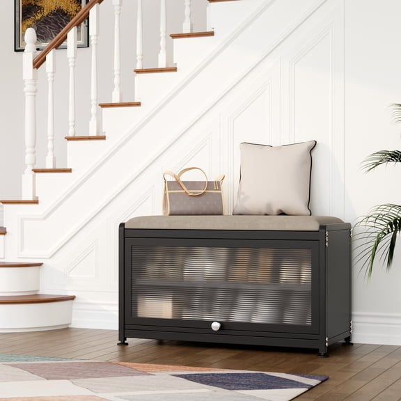 Innovaze Shoe Rack bench with Cushion Seat, Shoe Cabinet for Entryway, Metal, Black