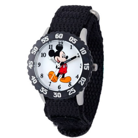 Black Bezel Watch - Disney Mickey Mouse Boys' Stainless Steel with Bezel Watch, Black Nylon Strap