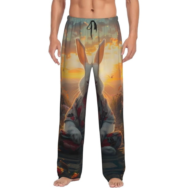 Fotbe Flower Meditating Rabbit Pantalones de Pijama para Hombre, Pantalones de Dormir, Pantalones de Casa con Cintura Ajustable y Bolsillos-Small