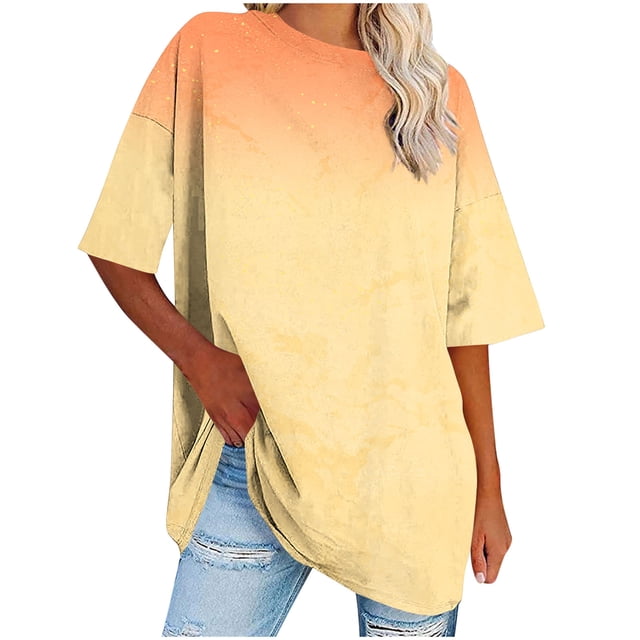 cfhntfmh Hauts Grande Taille pour Femmes Été Tunique Ample à Col Rond Blouse à Manches Courtes Basique Tendance T-Shirts Dégradés