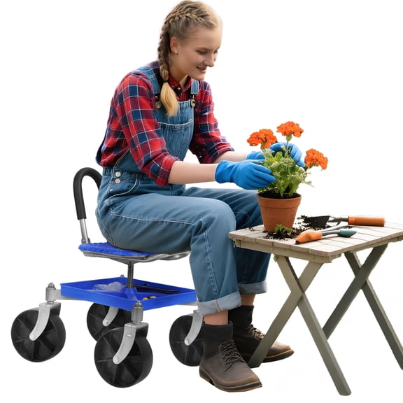 Meoldis Rolling Garden Cart Seat - 360° Swivel Height Adjustable Garden Stool with Tool Tray & All-Terrain Wheels, Heavy Duty Gardening Seat for Seniors, Knee Pain Relief, Lawn & Yard Work