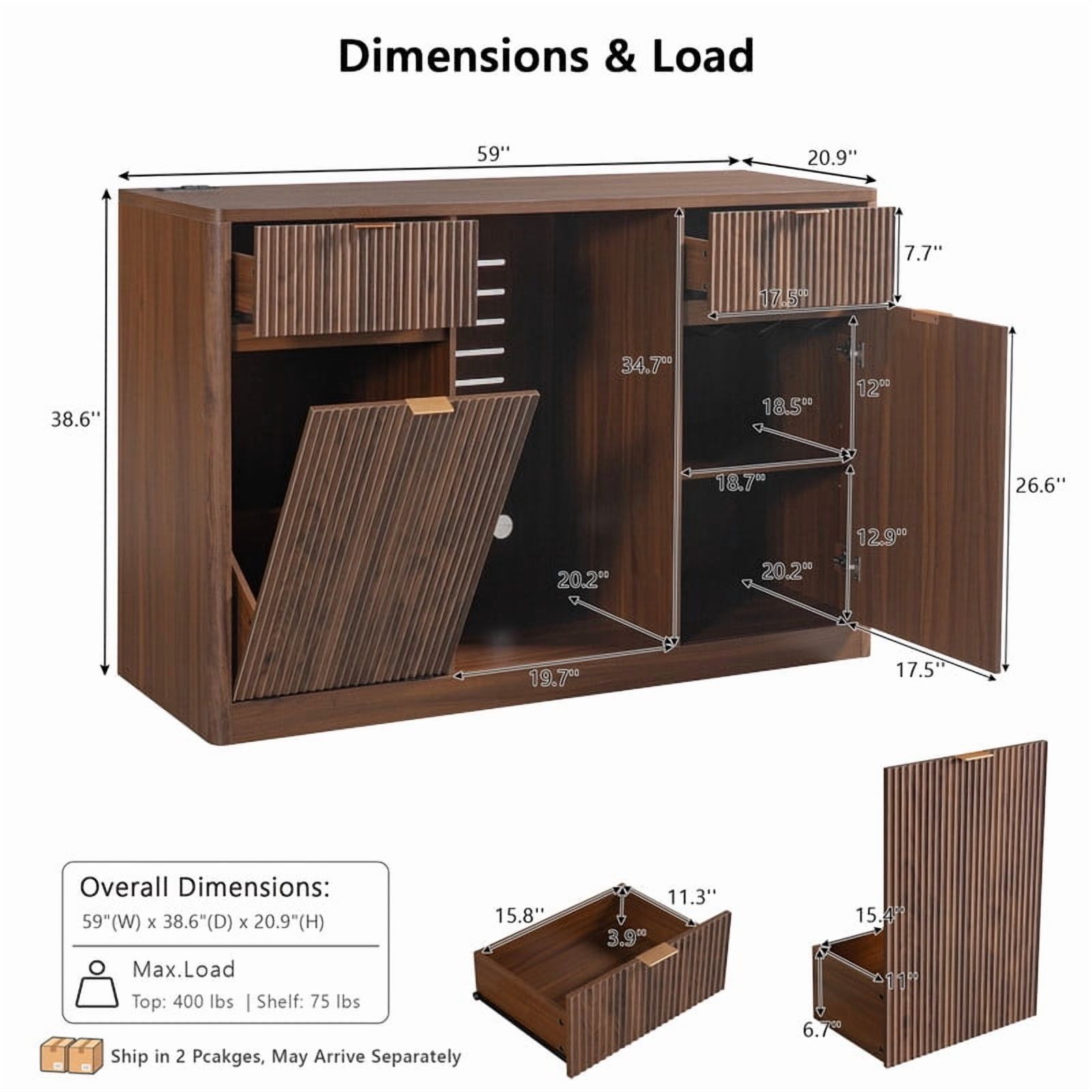 59"W Coffee Bar Storage Cabinet with Small Fridge Space, Kitchen Sideboard Buffet with Tilt-Out Trash Cabinet & Charging Station