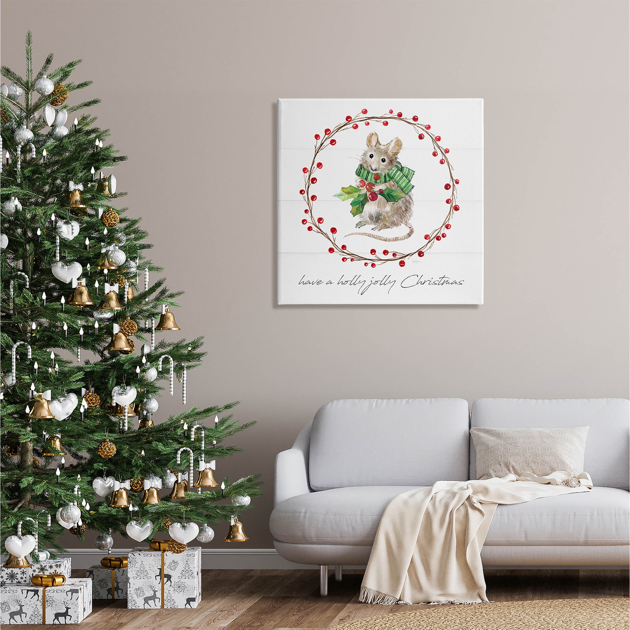 Stupell Industries Holly Jolly Christmas Mouse Graphic Art Gallery Wrapped Canvas Print Wall Art, Design by Livi Finn