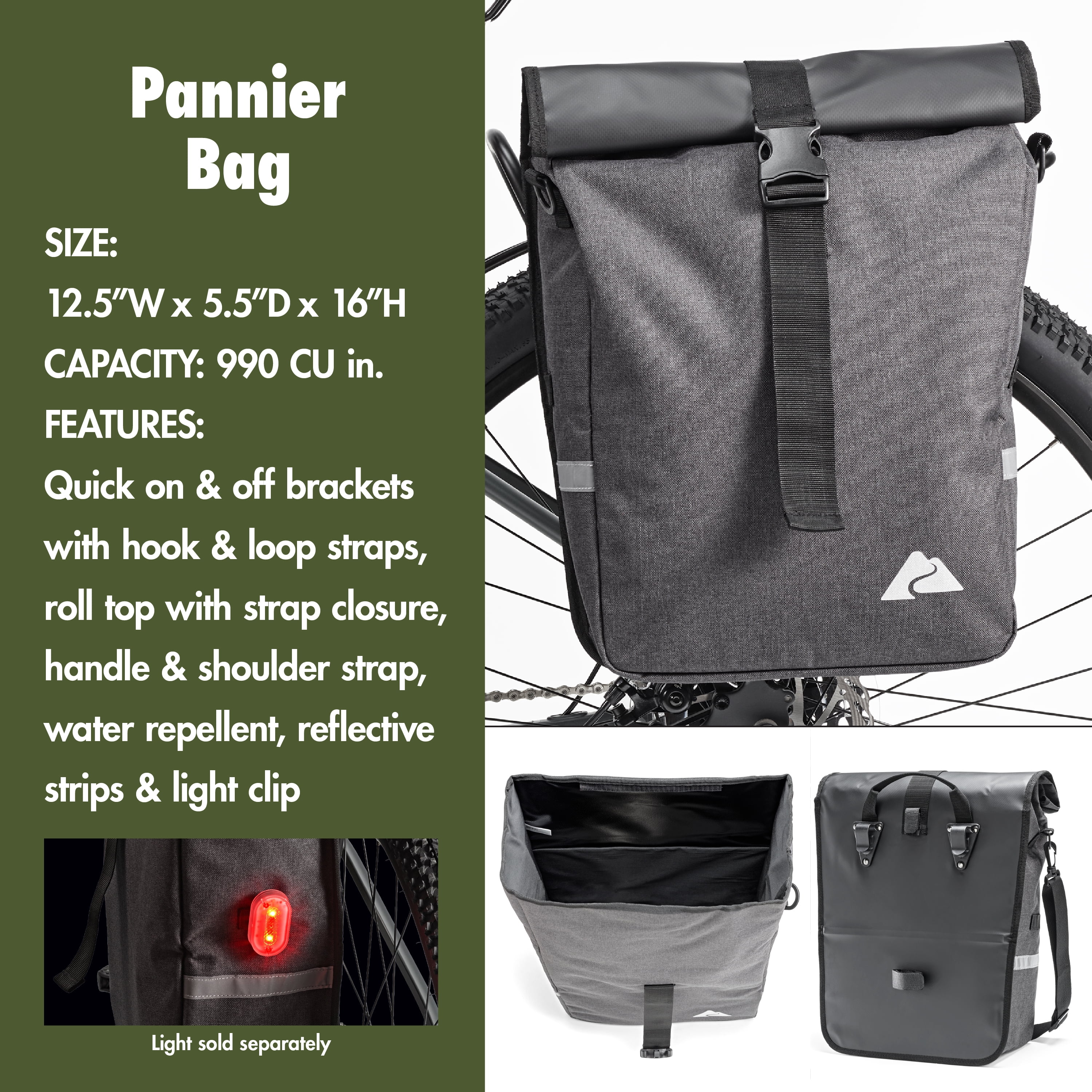 Ozark Trail 3-Piece Bicycle Bag Set, Handlebar, Frame, and Pannier Bags