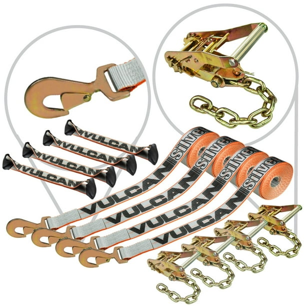 VULCAN 8Point Roll Back Vehicle Tie Down Kit with Snap Hook On Strap Ends and Chain Tail On