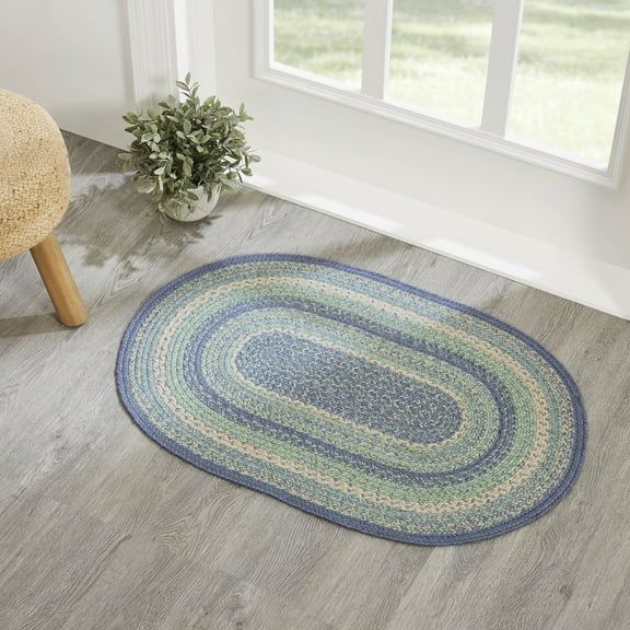 VHC Brands Jolie Farmhouse 24"x36" Accent Rug Blue Textured Jute Striped Pad Oval Floor Decor