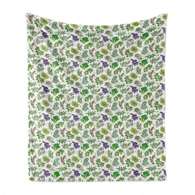 Botanical Soft Flannel Fleece Blanket, Culinary Herb Parsley Basil Vegetarian Diet Arugula Oregano Organic, Cozy Plush for Indoor and Outdoor Use, 50" x 70", Olive Green Purple White, by Ambesonne