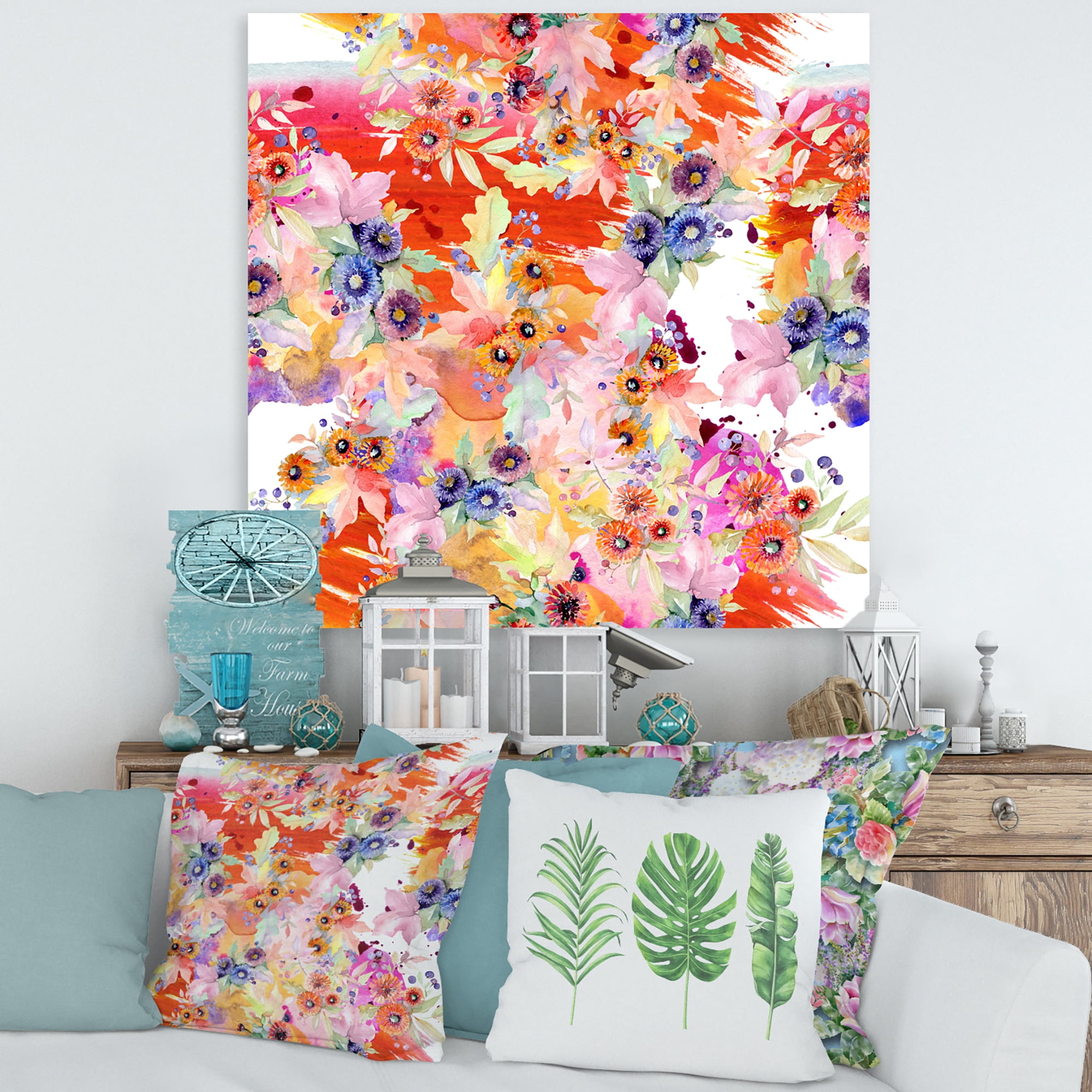 Designart ' Wildflowers and Vibrant Wild Spring Leaves VI ' Modern Canvas Wall Art Print