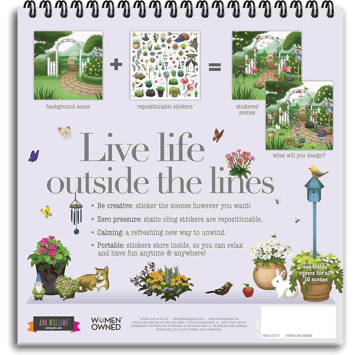 Sticker & Chill Gardens Book for Adults Stress Relieving Spiral Bound Scene  