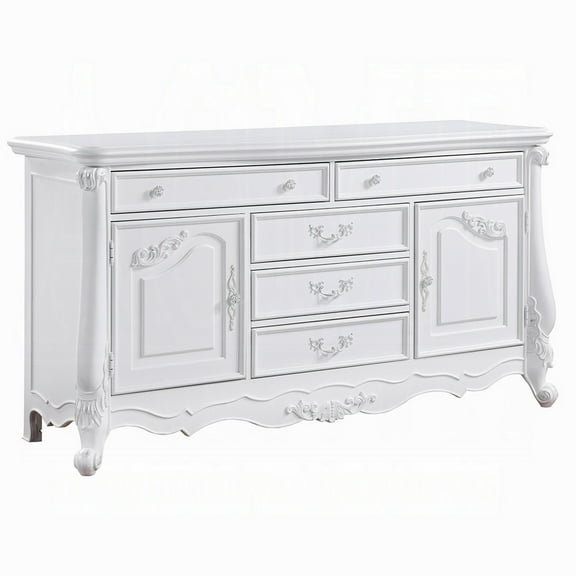 Maver Wide Dresser Chest with 6 Drawers, 2 Doors, Classic White Wood
