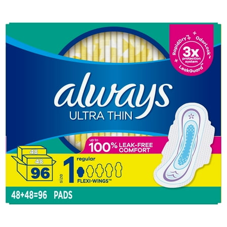 Always Ultra Thin Pads Size 1 Regular Absorbency Unscented with Wings, 96 Count
