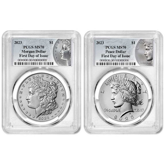 2023 $1 Morgan and Peace Silver Dollar 2pc Set PCGS MS70 FDOI Morgan & Peace Label