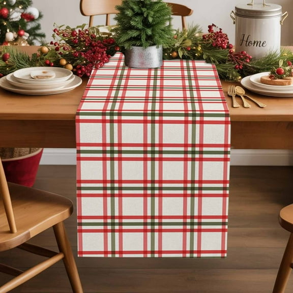 Christmas Winter Cotton Linen Table Runner Vintage Farmhouse Red Green Lattice Dining Table Runners for Home Decor Party Dining Room Restaurant Kitchen Party 13" x 120"
