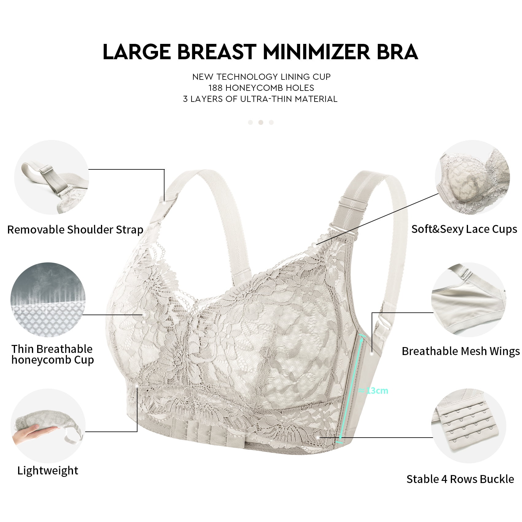 AILIVIN Wireless Bras for Women Full Figure Minimizer Women's Lace Bra WireFree Lifting Up Full Support Lightly Lined Cup Full Coverage No Back Fat Comfy No Wire Womens Bras Beige 44C 44 C