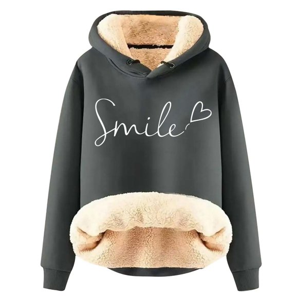 Aocisk Women's Autumn Winter Thickened Velvet Warm Solid Color Hooded Sweatshirt Cozy Lined Pullover for Cold Weather Casual Wear Dark Gray L