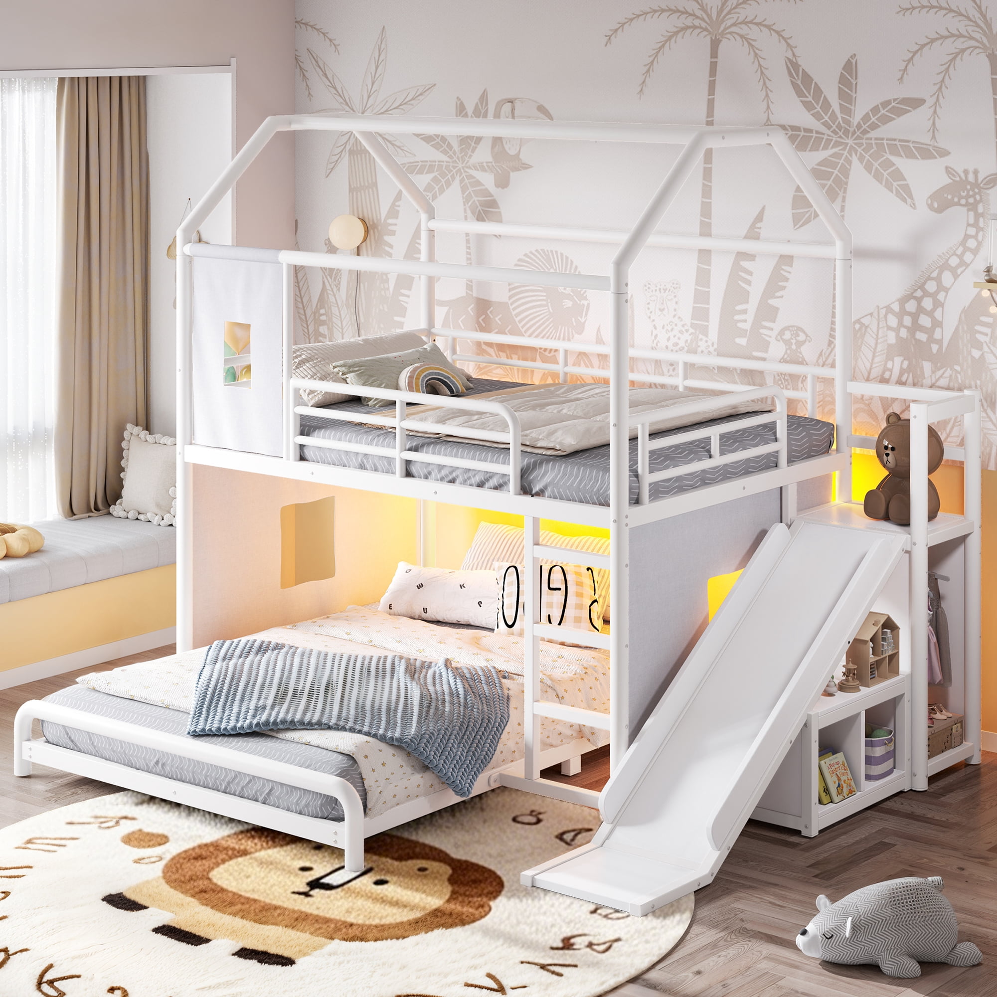 HOQBN Metal Bunk Bed Full over Full,Playhouse Bunk Bed Frame with Slide & Ladder,LED Light Strip, Privacy Curtain, Movable Storage Cabinet and Hanging Rod,Antique White
