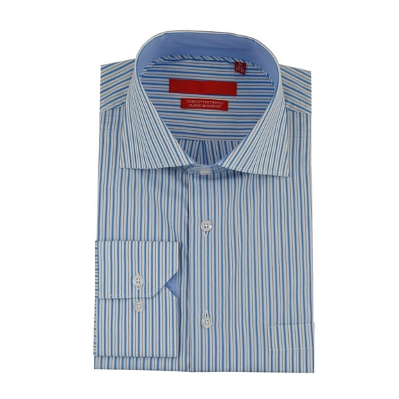 DTI GV Executive Mens Striped Dress Shirt Cotton Spread Collar Barrel Cuff White Blue