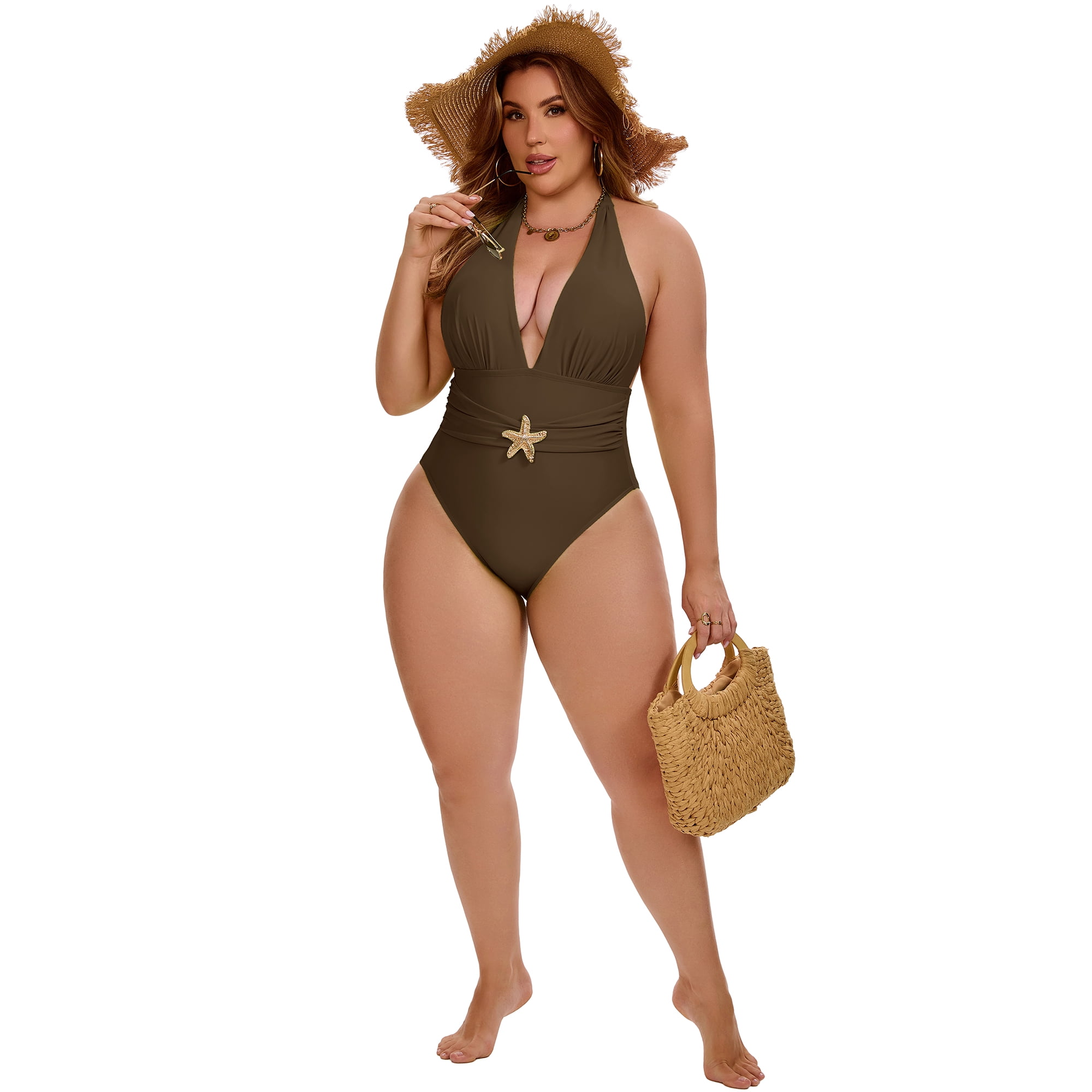 DARING DIVA Women's Plus 1 Piece Halter Tummy Control Swimwear 3X Brown