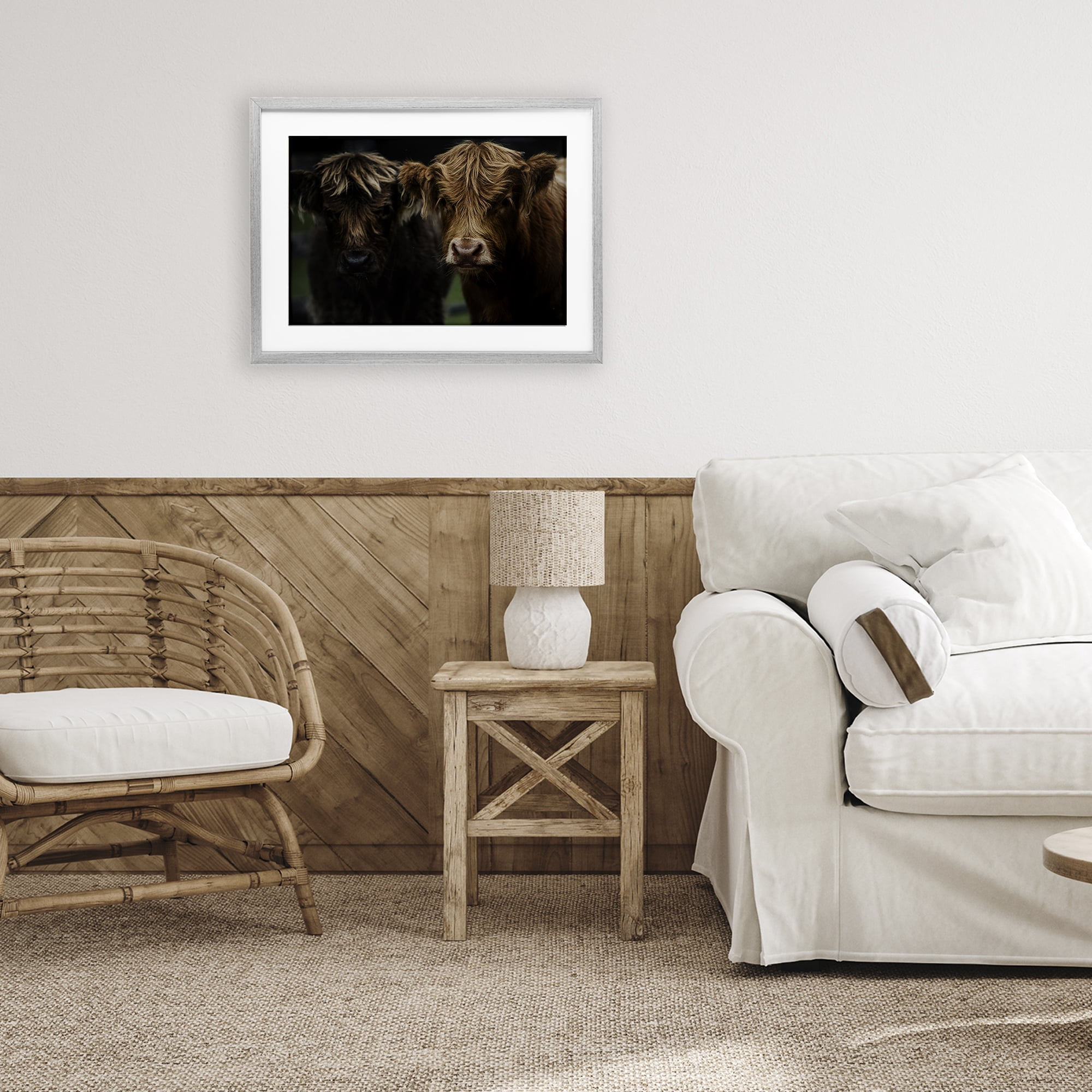 Cow Faces Highland Pair Gray Framed Print Under Glass, design by Amy Carroll