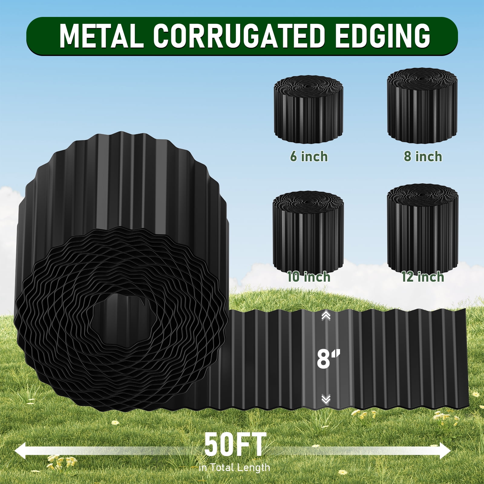 8 Inch 50 FT Garden Landscape Edging Border Galvanized Sturdy Metal Hemmed DIY Edging for Landscaping Lawn Flower Beds Patio Pathway Divider Design, Black