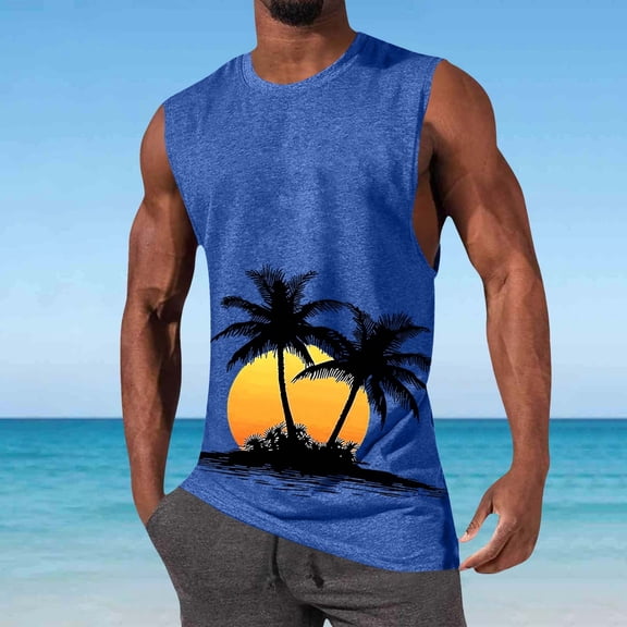 BRGZLK Mens Sleeveless Tank Tops Summer 2026 Daily Vintage Hawaiian Palm Tree Summer Round Neck Loose Fit Sleeveless Pullover Tank Top for Outdoor Blue S