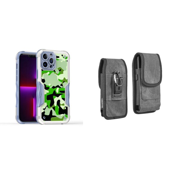 Case and Pouch Bundle for iPhone 14: Heavy Duty Armor Rugged Case (Army Green Camo) and Vertical Rugged Denim Nylon Belt Holster