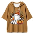 thumbnail image 4 of Women Red Short Sleeve Cute Ghost Pumpkin Graphic Hoodie with Drawstring Casual Halloween Party Pullover Top, 4 of 5