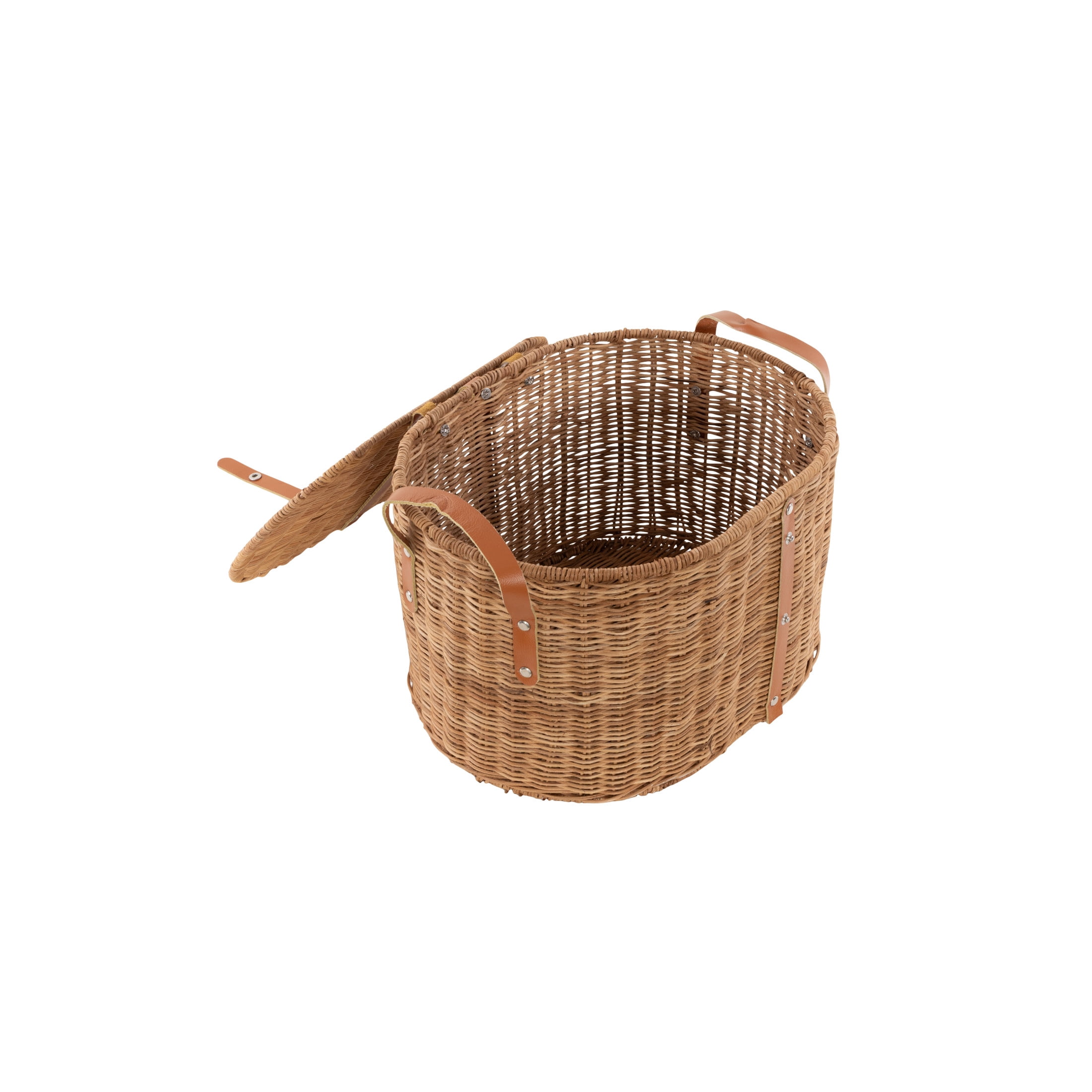 DecMode 16" x 10" Brown Rattan Handmade Woven Storage Basket with Lid and Leather Handles, 1-Piece