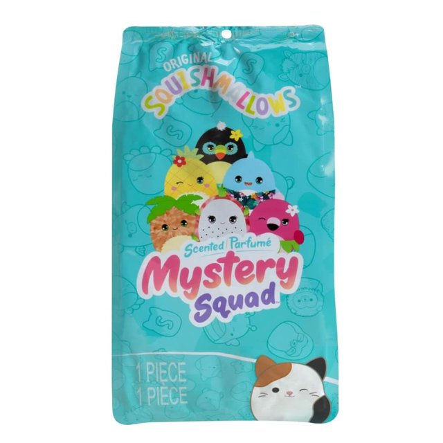 squishmallows - peluche misterioso perfumado de 8 pulgadas, pequeño peluche oficial kelly vista frontal del empaque sellado color turquesa con ilustraciones 'Mystery Squad' y texto 'Scented Parfumé'; bolsa vertical de plástico con orificio para colgar que muestra personajes Squishmallows multicolor y marca, 1 pieza, peluche coleccionable ideal para llevar en viajes y acurrucarse.
