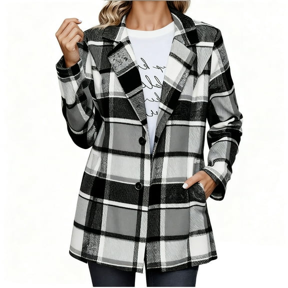 Otntypg Women Plaid Shacket Jacket Trendy Fall Casual Button Wool Blend Notch Collared Trench Coat Winter Clothing with Pockets Khaki M