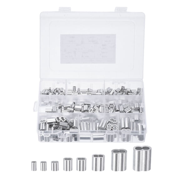Manga de bucle de crimpado de aluminio 8 tamaños 3/64'' 1/16''-1/4'' doble férula para cable de alambre, plata 325 piezas