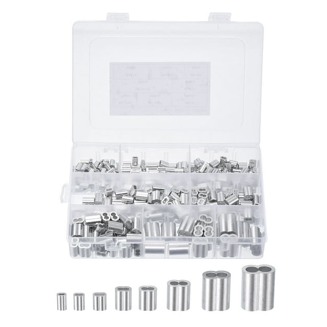 Unique Bargains Aluminum Crimping Loop Sleeve 8 Size 3/64'' 1/16''-1/4'' Double Ferrule for Wire Rope Cable Line End, Silver 325pcs