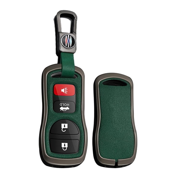 Metal Frame Key Fob Cover Fit For Nissan 350Z Altima Quest Leather Key Remote Key Holder Full Protection 3/4 Buttons Key Case Holder Protector Metal Keychain