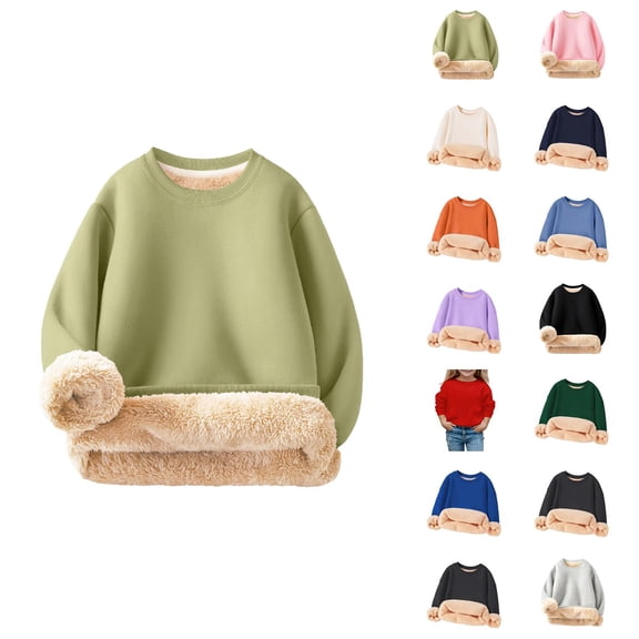 Kids Lined Sweatshirts Long Sleeve Winter Warm Crewneck Plain Sweatshirt for Boys Girls Kids Pullover Tops