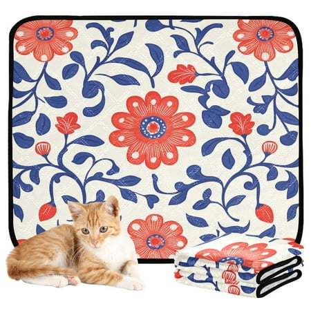 Washable Pet Pee Pads with Super Absorbent Reusable Training Pads for Dogs & Cats Red Flowers and Blue Leaves