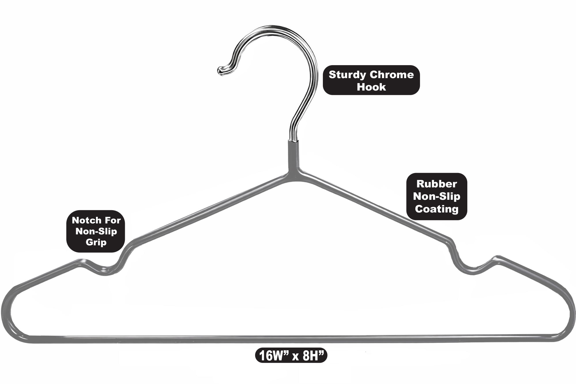 Simpli Furnished Non-Slip Rubber-Coated Hangers for Clothes, 16"w X 8"h, 120-Pack, Gray