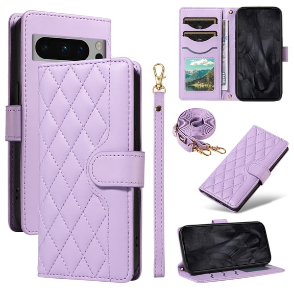 Crossbody Wallet Case for Google Pixel 8, Credit Card Slots Elegant PU Leather Magnetic Closure Shoulder Strap Purse Phone Case Flip Stand Full Body Protection Cover for Women Girls, Purple
