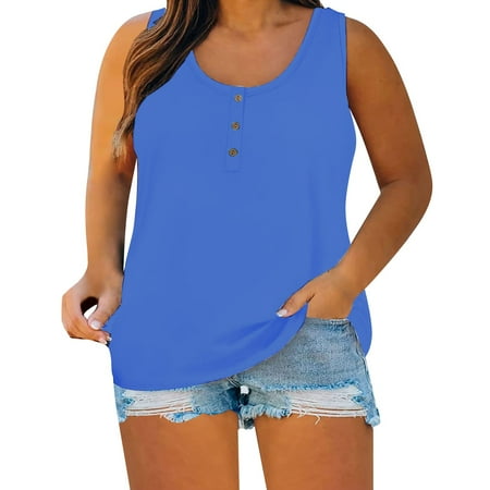 knqrhpse Womens Tops Tank Top For Women Summer Women Sleeveless Floral Printed Button Plus Size Tank Tops Loose Crew Neck Vest T Shirts Tunics Tee Corset Tops For Women Blue 3XL