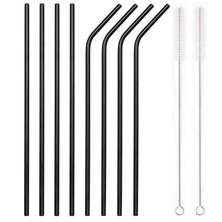 Magik US 8pcs 10.5" Stainless Steel Ultra Long Metal Cocktail Straw + 2 Cleaner Brush Tumblers Rumblers Cold Beverage (Black Straw, 8)