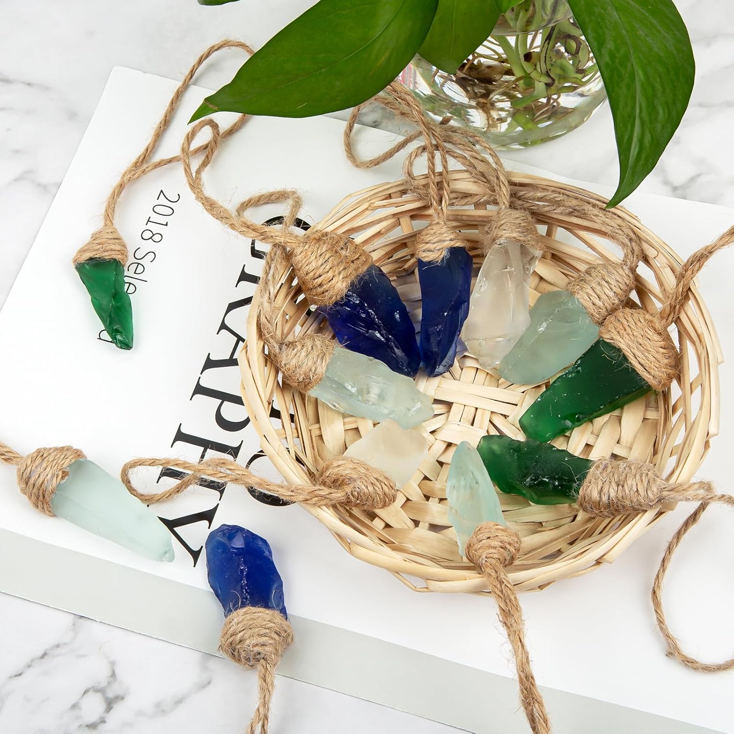 Sinkoo 24pcs Sea Glass Christmas Ornaments, Handmade Seaglass Block Crafts Coastal Beach Hanging Ornament Sets for Christmas Tree Party Weddings Decor
