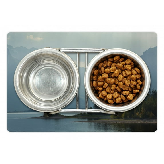 Dark Forest Pet Mat for Food and Water, Shoreline of Jackson Lake Gloomy Weather in the Teton Mountains, Non-Slip Rubber Mat for Dogs and Cats, 18" X 12", by Ambesonne
