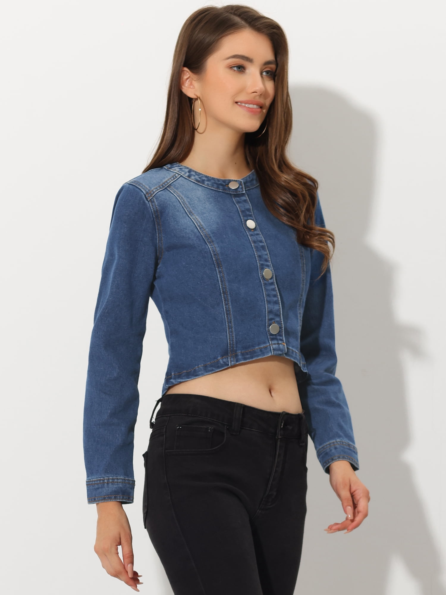 DARING DIVA Women's Collarless Button Down Long Sleeve Denim Jacket L Blue