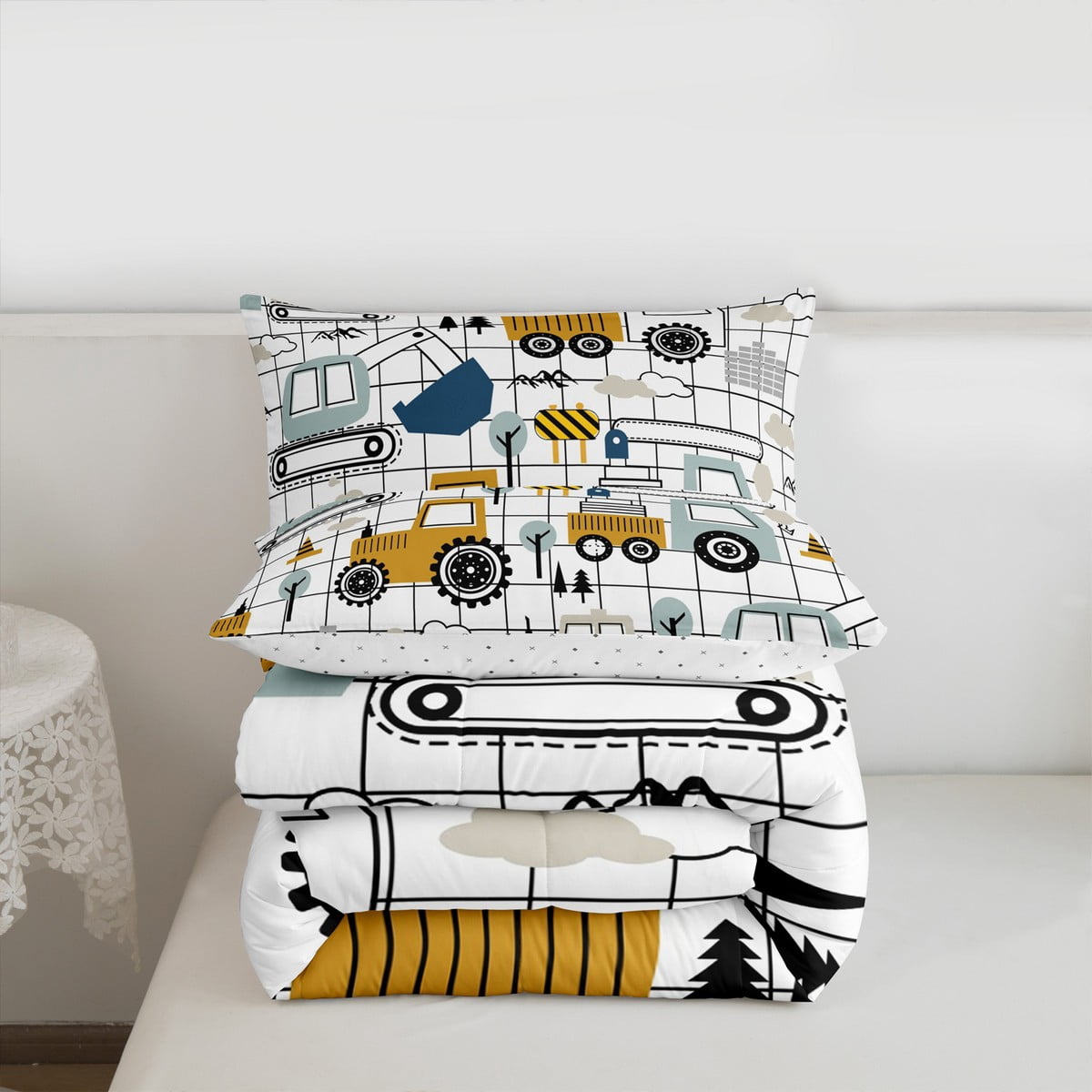 Erosebridal Construction Comforter Set Twin Size Excavator Tractor Twin Comforter Cartoon Car Equipment Trucks Plaid Grid Comforter Set Construction Vehicles White Duvet Set Quilt Set